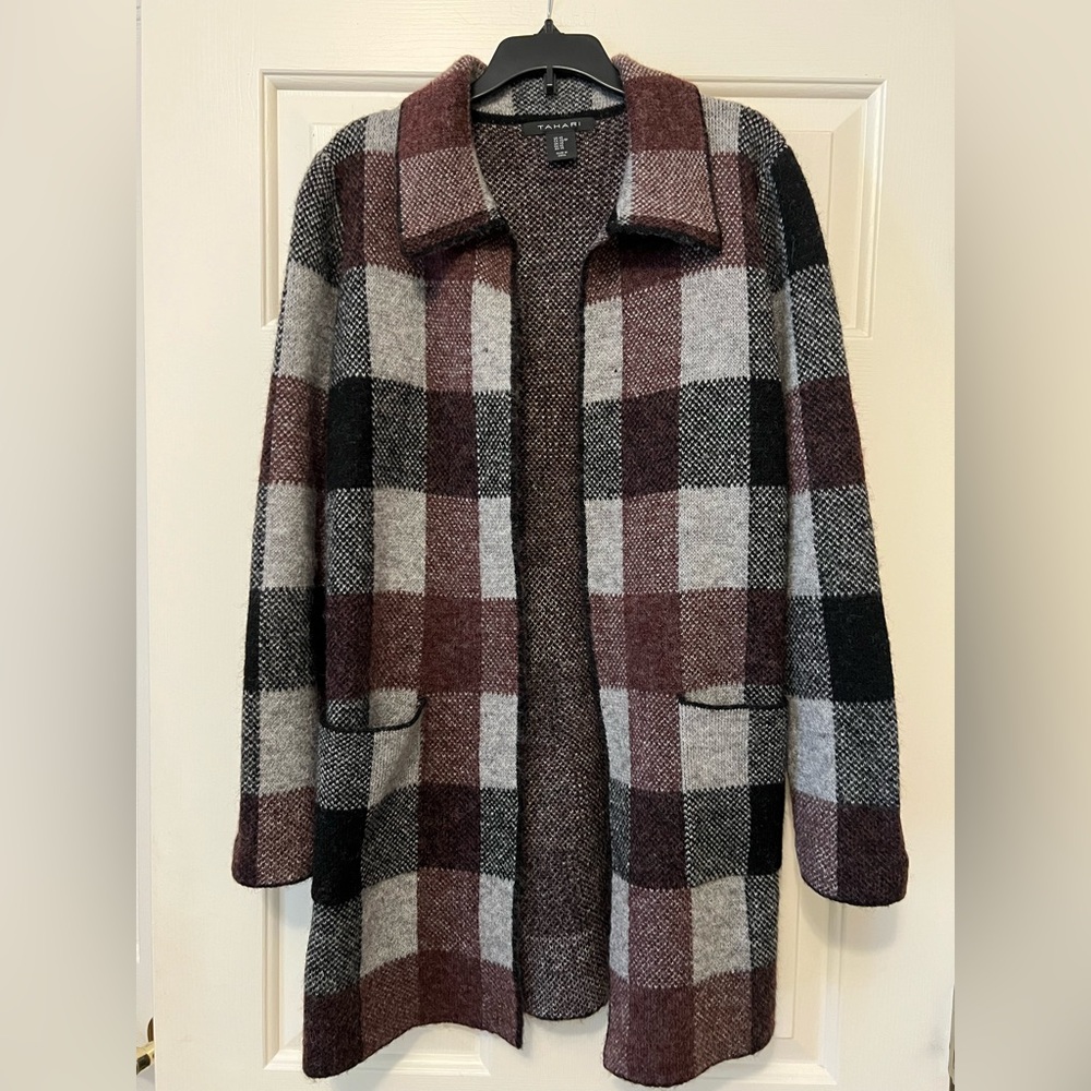 Tahari Checkered Cardigan Sweater Coat in Black, Gray, and Brown Plaid XS